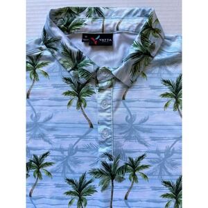 YATTA GOLF - Men's White Blue Palm‎ Trees Polo Shirt - Size Medium